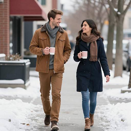 Couple Walking in Snowy City Holding Coffee