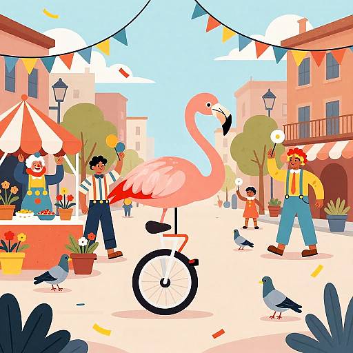 Flamingo on Unicycle at Street Festival