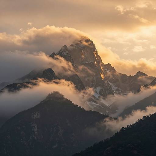 Photograph of a majestic mountain peak bathed in golden sunset light, shrouded in soft, rolling clouds, with dark forested slopes below.