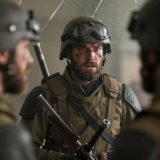 Bearded Soldier in Battle Gear Looking Through Shattered Mirror