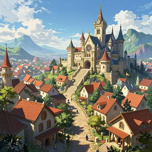 Digital fantasy artwork of a grand, castle-like stone building with red roofs and a central staircase, surrounded by quaint houses, lush greenery, and majestic