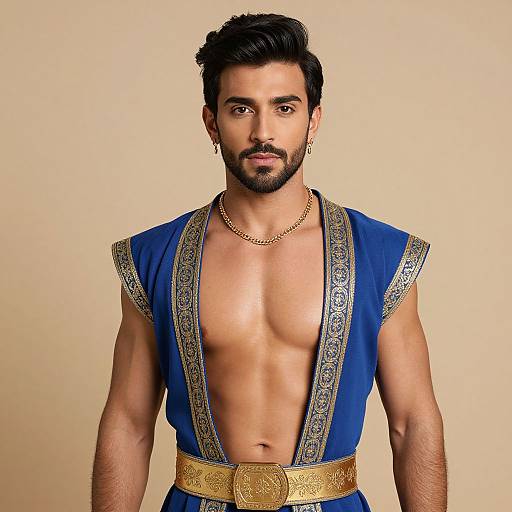 Photograph of a handsome, muscular man with dark hair and beard, wearing a blue, ornate, sleeveless robe with gold trim and belt,