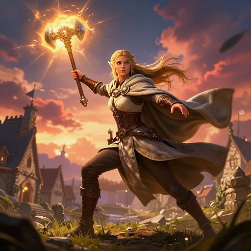 Epic fantasy illustration: Blonde warrior woman with pointed ears, glowing hammer, medieval armor, gray cape, sunset sky, stone buildings, dramatic clouds.