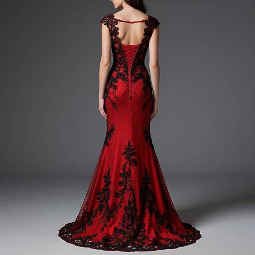 Photograph of a woman from behind in a fitted, backless, red lace gown with black floral patterns, standing against a gradient gray background.