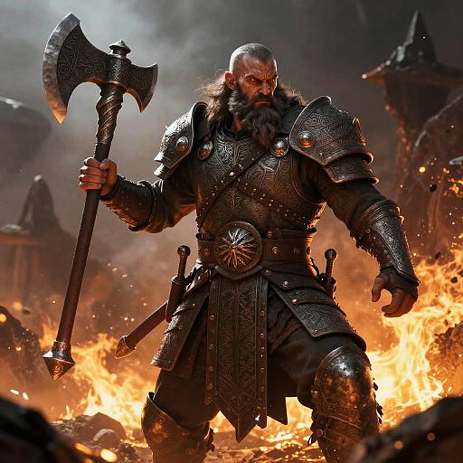 Viking warrior with bald head, full beard, and black armor stands amid fiery chaos, holding a large, ornate battle axe. Photorealistic