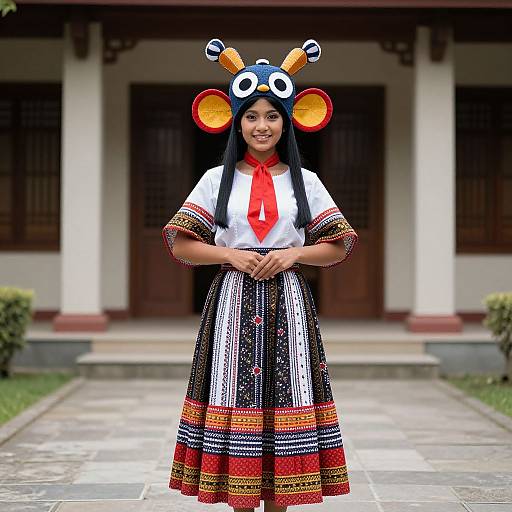 Photograph of a young Asian woman in traditional dress with a colorful, animal-themed headdress, standing in front of a traditional building.