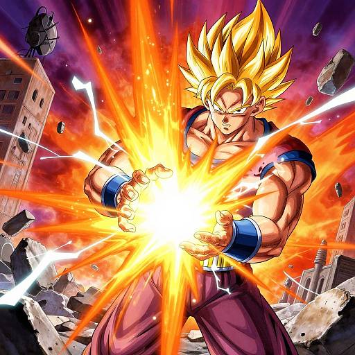 Digital anime artwork of Super Saiyan Son Goku unleashing a powerful energy blast, surrounded by a fiery explosion and crumbling buildings.