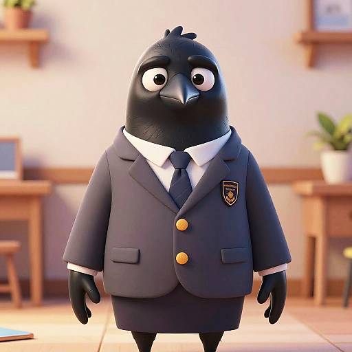 CGI image of a cute, chubby black bird with big eyes wearing a dark gray school blazer, white shirt, and black tie, standing in