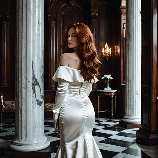 Redhead Woman in White Satin Mermaid Gown