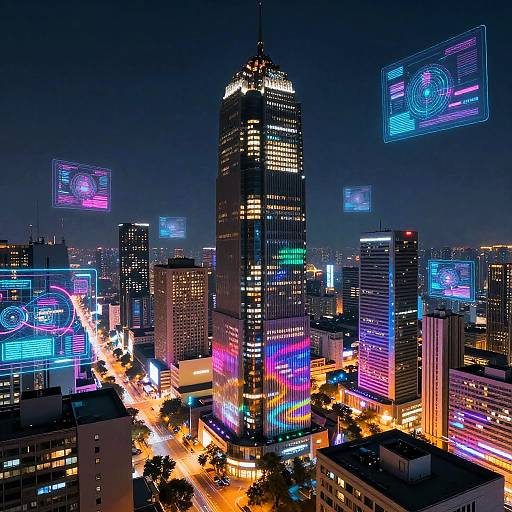 Neon-lit cityscape at night, featuring a tall skyscraper with colorful lights, surrounded by glowing neon signs and bustling streets. Digital art style
