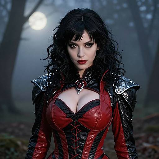 Digital artwork of a pale-skinned woman with black wavy hair, red and black corseted leather armor, large breasts, and intense gaze,