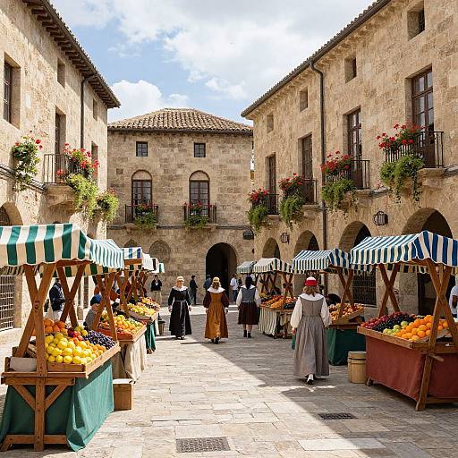 Photograph of a vibrant, sunlit European market street with striped awnings, stone buildings, flower boxes, and vendors selling colorful fruits and vegetables.