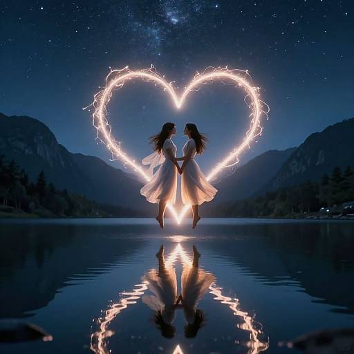 Photograph of two women in white dresses, silhouetted against a starry night sky, standing in a lake, creating a heart-shaped lightning