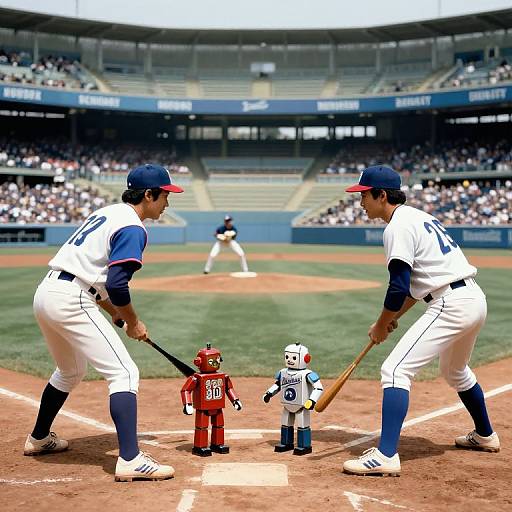 Photograph of two baseball players in white uniforms with blue accents, holding bats, facing each other at home plate, with toy umpires between them,