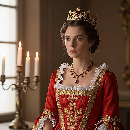 Photograph of a fair-skinned woman with brown hair in an ornate red and gold royal gown, crowned with a jeweled tiara, standing