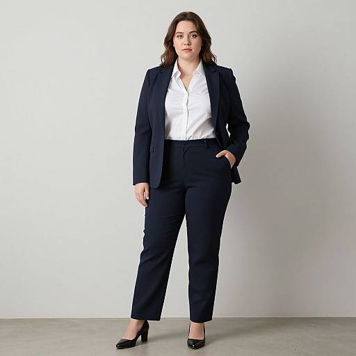 Photograph of a confident woman with wavy brown hair, wearing a black blazer, white shirt, black pants, and black heels, standing against