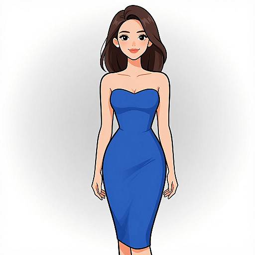 Digital illustration of a smiling woman with fair skin, dark brown hair, wearing a strapless, form-fitting blue dress, standing against a white background