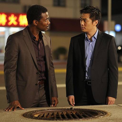 Two Businessmen in Serious Conversation at Night