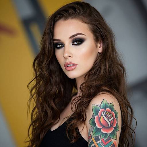 Photograph of a fair-skinned woman with long, wavy brown hair, black smoky eye makeup, pink lips, and a colorful rose tattoo