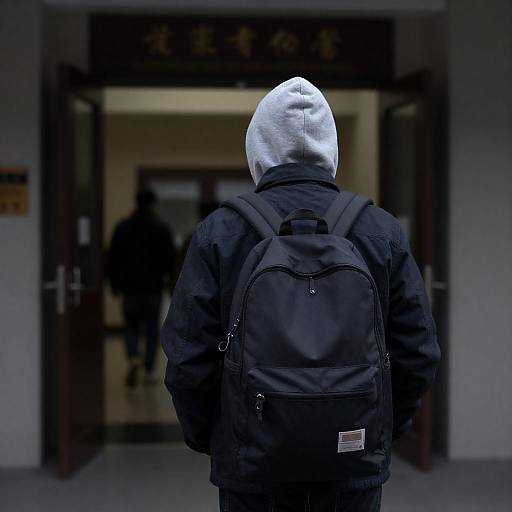 Person in Grey Hoodie with Backpack at Doorway