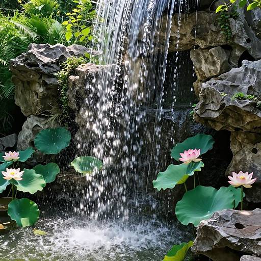 Photograph of a lush garden waterfall cascading over rocky terrain, surrounded by green foliage and pink lotus flowers floating in a dark, reflective pond.