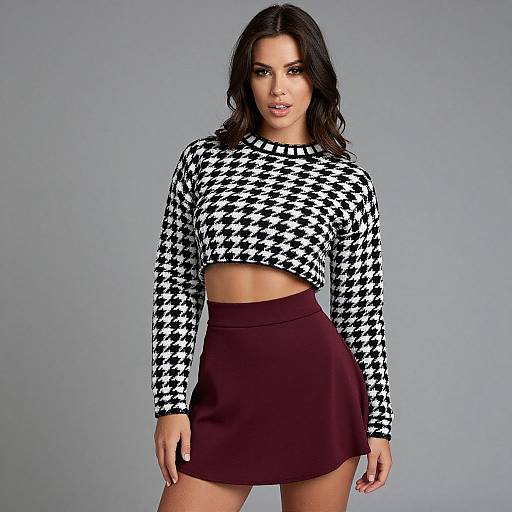 Photograph of a woman with long dark hair, wearing a black-and-white houndstooth crop top and maroon high-waist skirt,