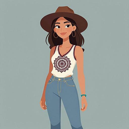Digital illustration of a smiling woman with medium brown skin, wearing a brown hat, white mandala tank top, and blue jeans, against a light blue