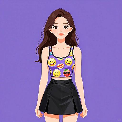 Digital anime-style drawing of a smiling young woman with long brown hair, wearing a colorful emoji-patterned tank top and black skirt, against a solid purple