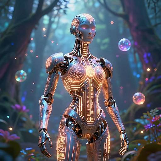 Mystical Robotic Figure in Enchanted Forest