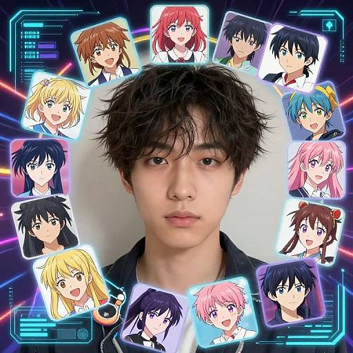 Anime-style digital collage with central realistic Asian man, surrounded by colorful anime characters with varied hair colors and expressions. Neon blue interface frames the image.