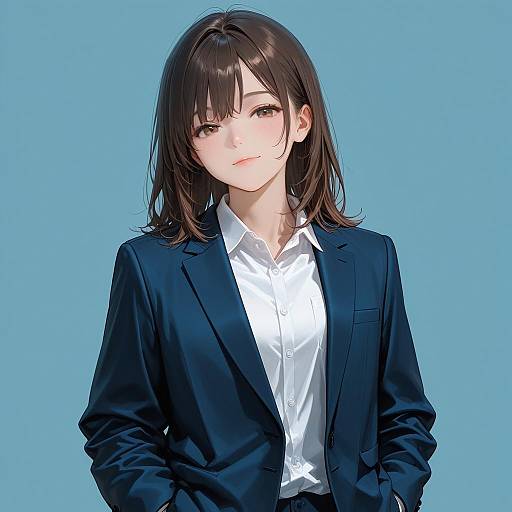 Young Woman in Blue Suit with White Shirt