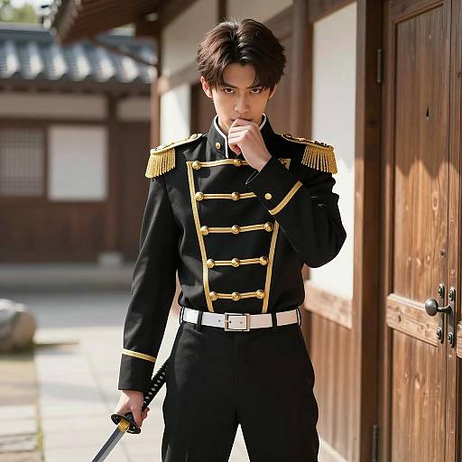 Serious Young Man with Katana in Sunlit Setting