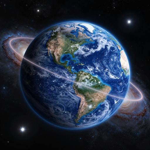 Photorealistic CGI of Earth with visible continents, surrounded by a planet with colorful rings and set against a star-filled black space.