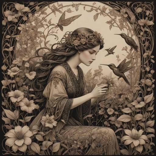 Art Nouveau Woman with Hummingbirds in Garden
