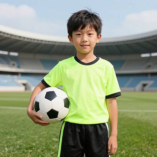 Photograph of a young Asian boy with short black hair, wearing a neon green soccer shirt and black shorts, holding a black-and-white soccer ball,