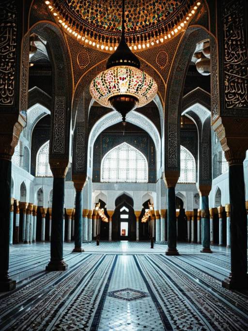 Stunning Mosque Interior with Golden Lamps