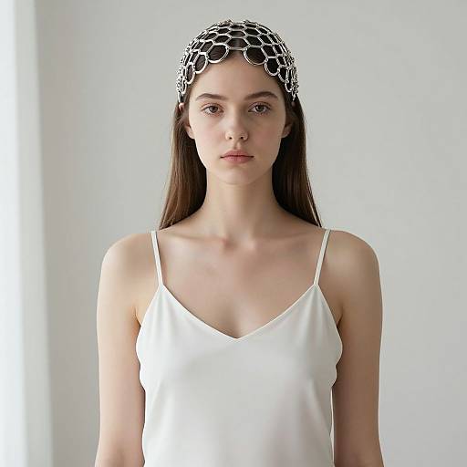 Photograph of a young woman with long brown hair, wearing a white spaghetti strap top and a black and white patterned headband, standing against a