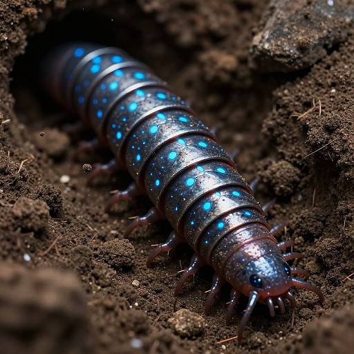 Close-up photograph of a shiny, segmented, blue-spotted insect with red-tinted legs, crawling through dark, textured soil.