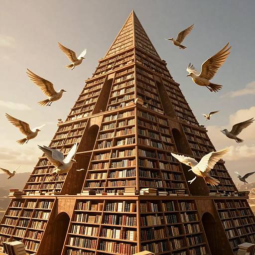 Photograph of a towering, pyramid-shaped library filled with books, illuminated by sunset, with white pigeons flying around it.