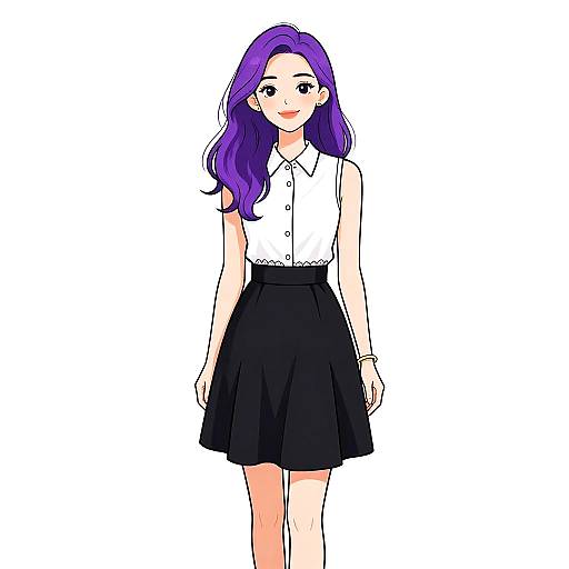 Digital anime-style drawing of a young woman with long purple hair, wearing a white sleeveless blouse and black skirt, standing against a white background.