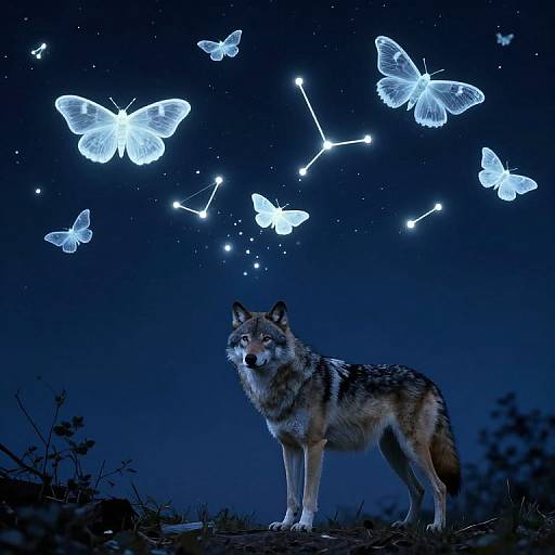 Photograph of a wolf standing under a night sky, surrounded by glowing, ethereal white butterflies and star constellations, creating a magical, surreal