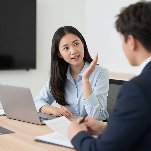 Photograph of an Asian woman with long black hair, wearing a light blue button-up shirt, engaged in a meeting with a man in a black suit