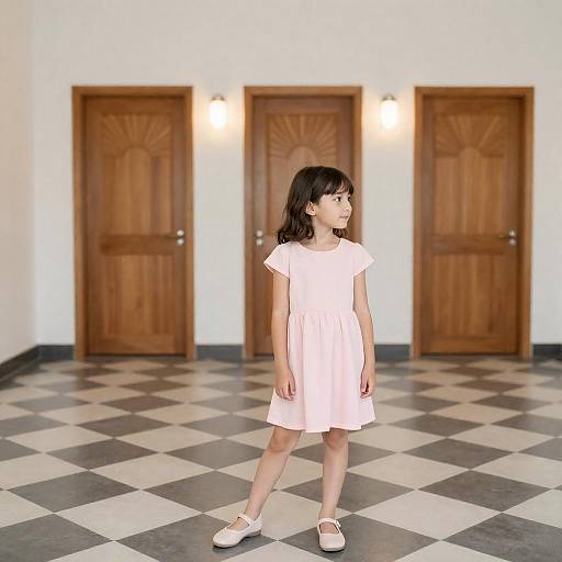 Bright Hallway with Girl in Pink Dress