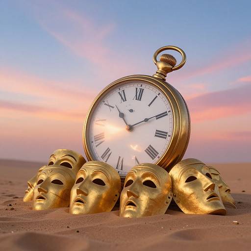 Photograph of gold masks stacked in front of a large, antique pocket watch with a white face and black Roman numerals, set on a sandy desert