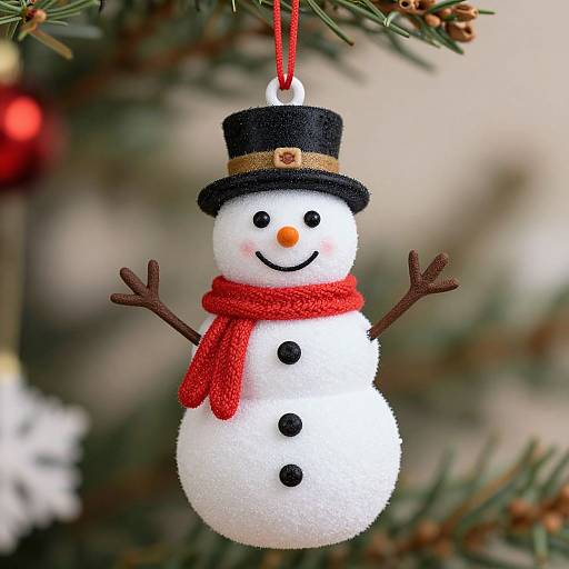 Photograph of a festive, black-topped, red-scarf-wearing, smiling snowman ornament with raised stick arms, hanging from a Christmas