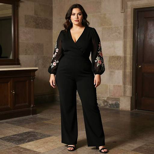 Photograph of a curvy woman with medium skin tone and dark wavy hair, wearing a black V-neck jumpsuit with floral sleeves, standing in
