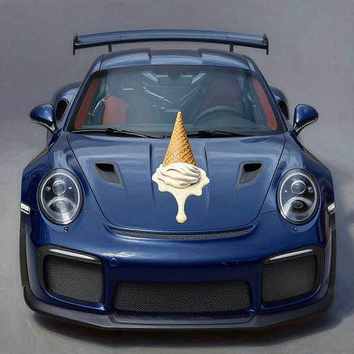 Photograph of a sleek, dark blue sports car with a digital ice cream graphic on the hood, featuring a cone and melting scoop.