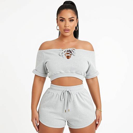 Photograph of a curvy woman with olive skin, long black hair in a ponytail, wearing an off-shoulder white crop top and high