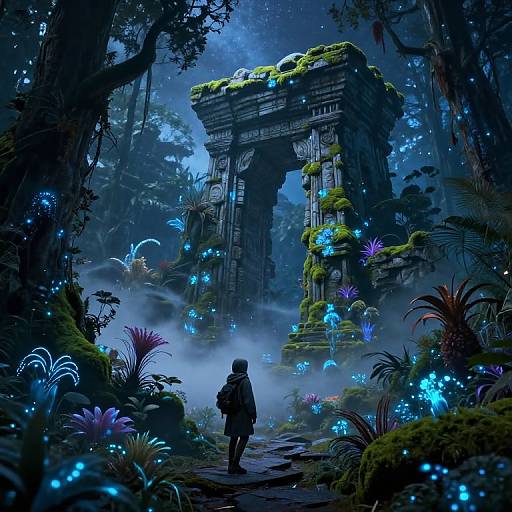 Digital fantasy artwork of a lone figure with a backpack, standing before a moss-covered, glowing blue-lit ancient ruin in a mystical, biolumines