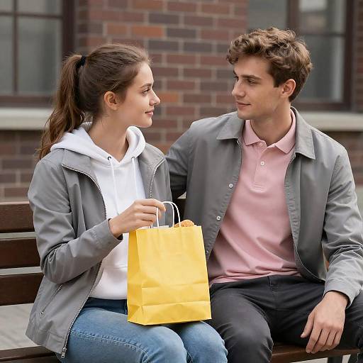 Young Couple Sitting on Bench with Yellow Bag